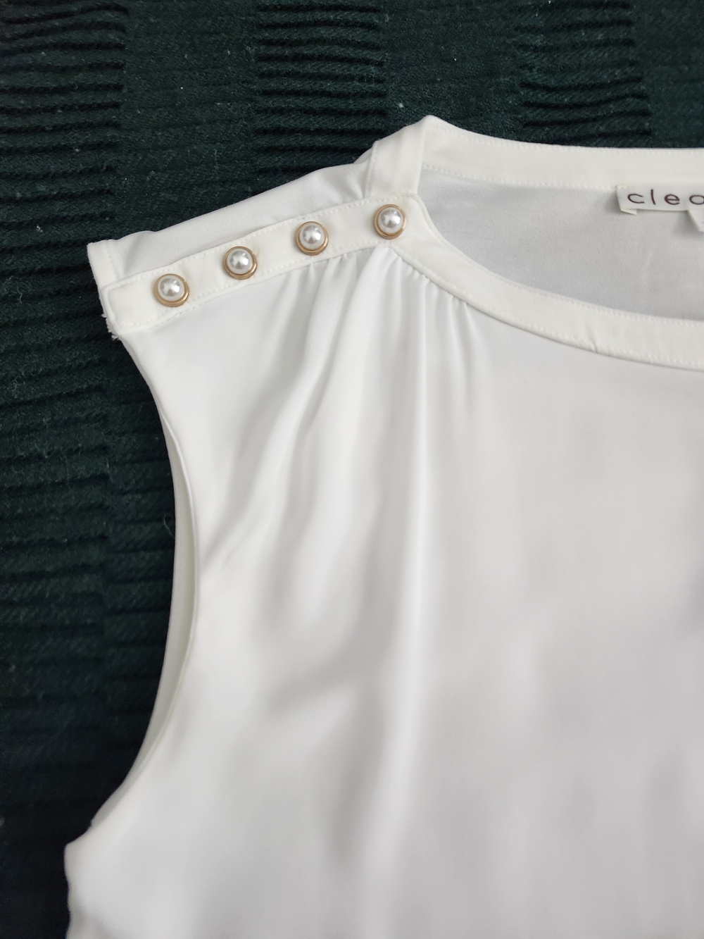 Cleo White Round Scoop Neck Sleeveless White 8 Pearl Detail Shoukder Sherr Lined